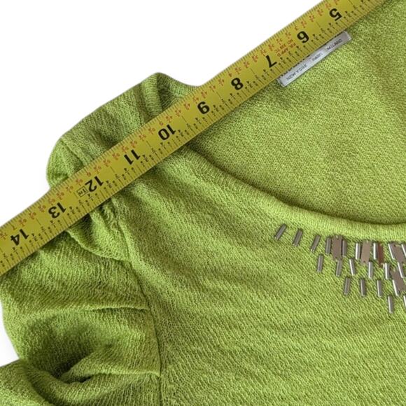 ALBERTO MAKALI Embellished V-Neck Sweater with puff sleeves ~ Lime Chartreuse - Picture 2 of 5